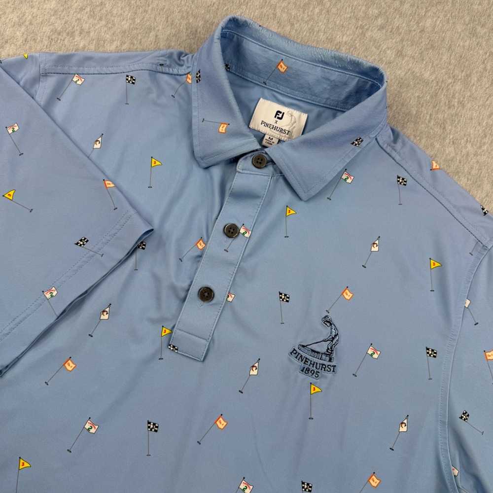 FootJoy X Pinehurst Polo Shirt Mens Medium Blue Golf Flag Print Short Sleeve